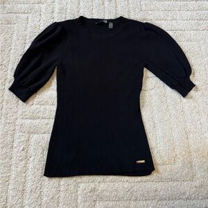 Tahari Black Ribbed Puff-Sleeve Short-Sleeve Top